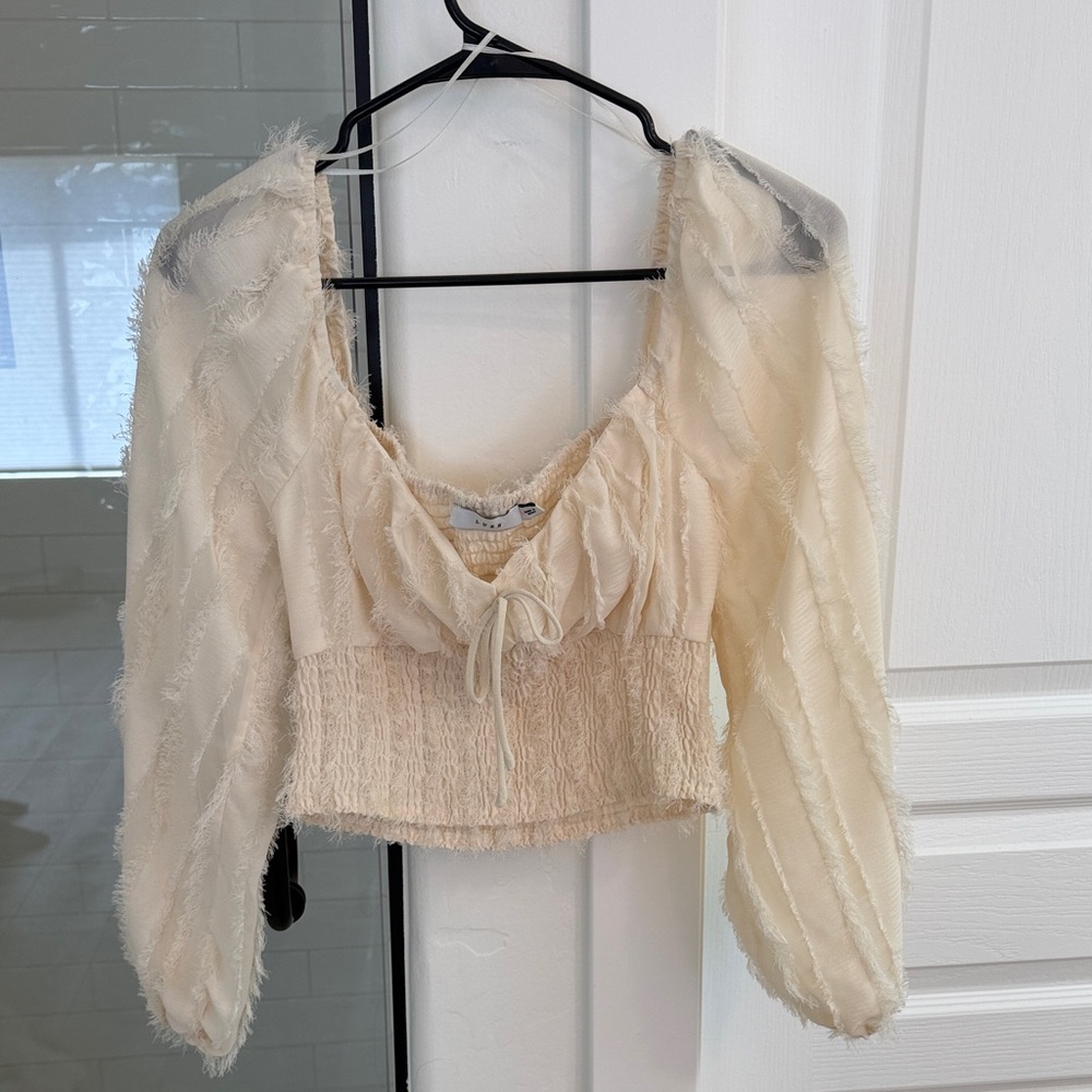 Lush Cropped Cream Puff-Sleeve Smocked Top